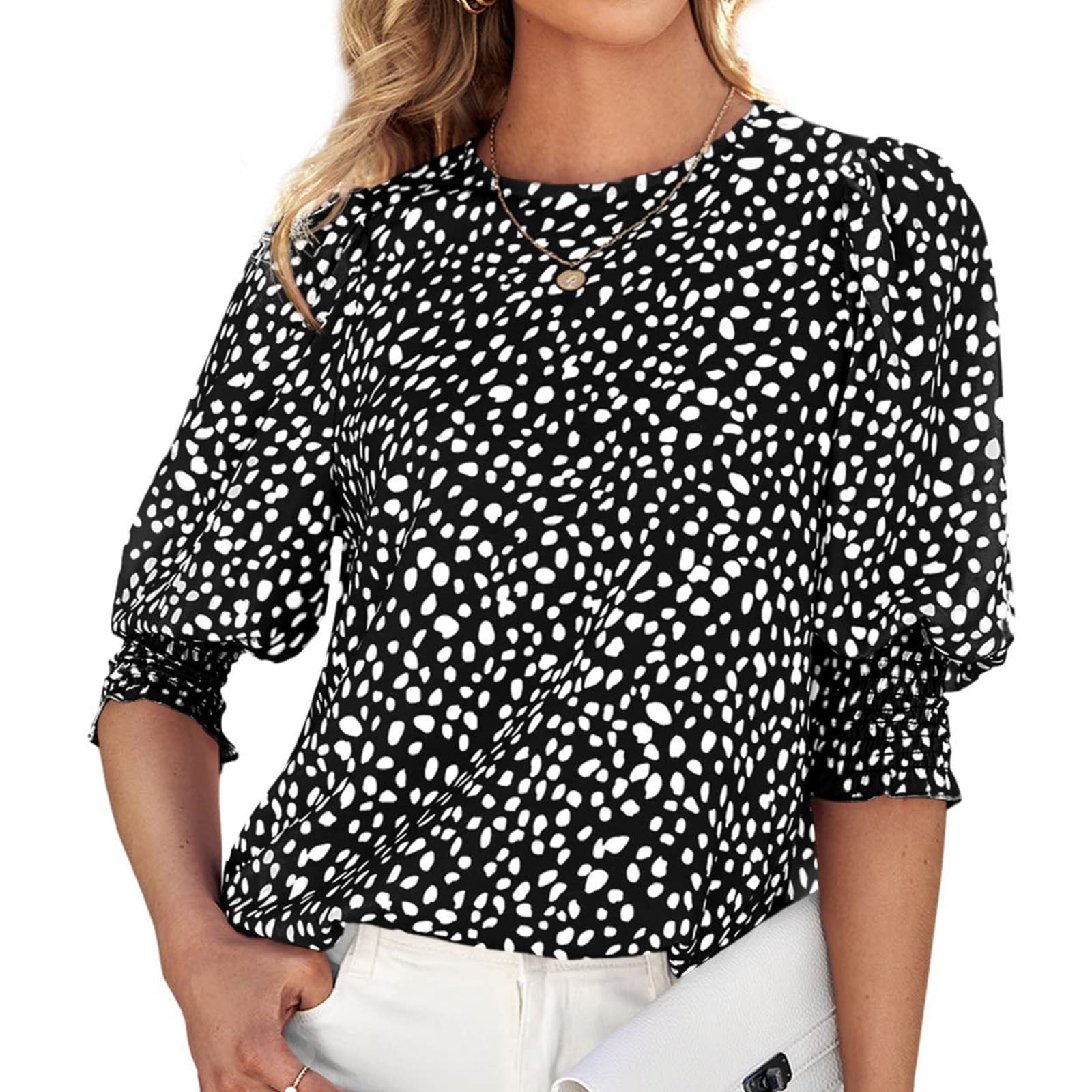 Hot Women Summer Casual Polka Dot Round Neck Short Sleeve Shirt Top Chiffon Blouse