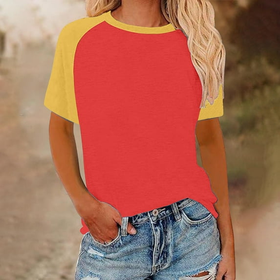 Rezuofi 1 Pcs Women's Raglan Short Sleeve Crewneck T-Shirt Color Block Tunic Tshirt Casual Loose Blouses Tops
