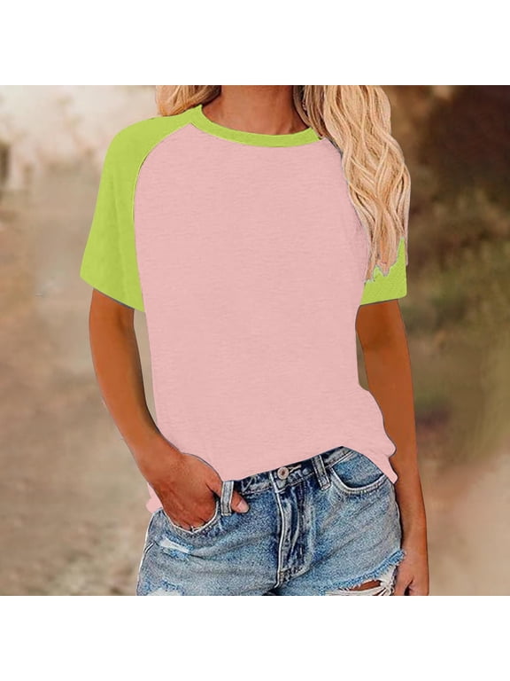 2 Pcs Women's Raglan Short Sleeve Crewneck T-Shirt Color Block Tunic Tshirt Casual Loose Blouses Tops
