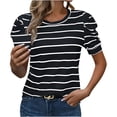 thumbnail image 1 of Rezuofi 1 Pcs Women's Short Puff Sleeve Knit Tops 2025 Trendy Crewneck Striped T Shirts Casual Summer Blouses, 1 of 8
