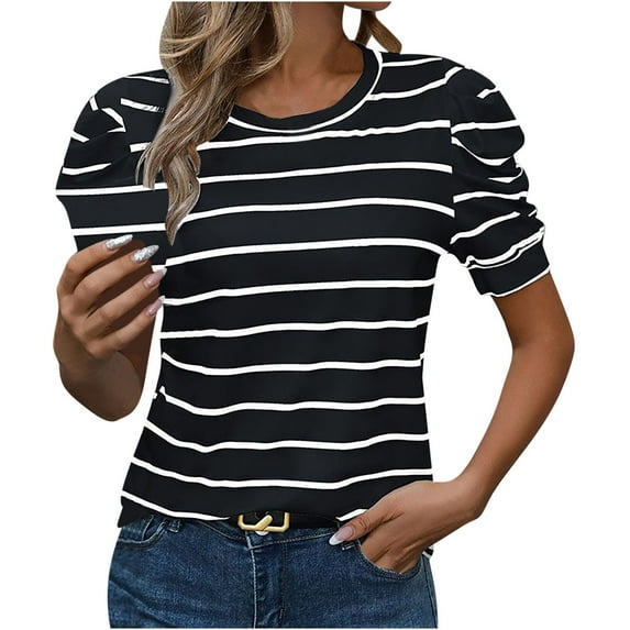Rezuofi 1 Pcs Women's Short Puff Sleeve Knit Tops 2025 Trendy Crewneck Striped T Shirts Casual Summer Blouses
