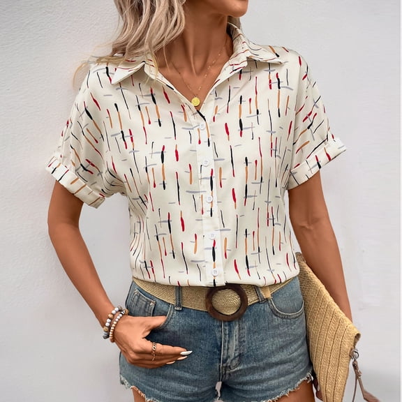 Rezuofi 1 Pcs Women's Short Sleeve Chiffon Blouses for Office Work Business Attire Collared Shirts