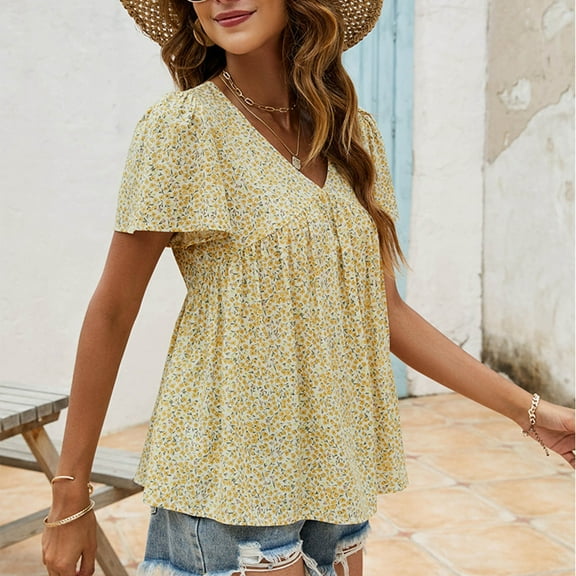 Rezuofi 1 Pcs Women's Short Sleeve Shirts Floral Summer Tops Loose Fit for Leggings