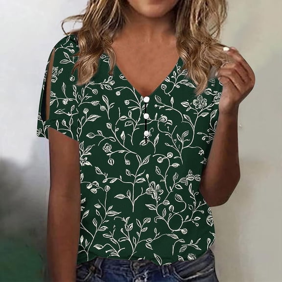 Rezuofi 1 Pcs Women's Summer Boho Floral Short Sleeve Shirt Top Trendy Casual Loose Cute Country Cold Shoulder Blouse Tunic