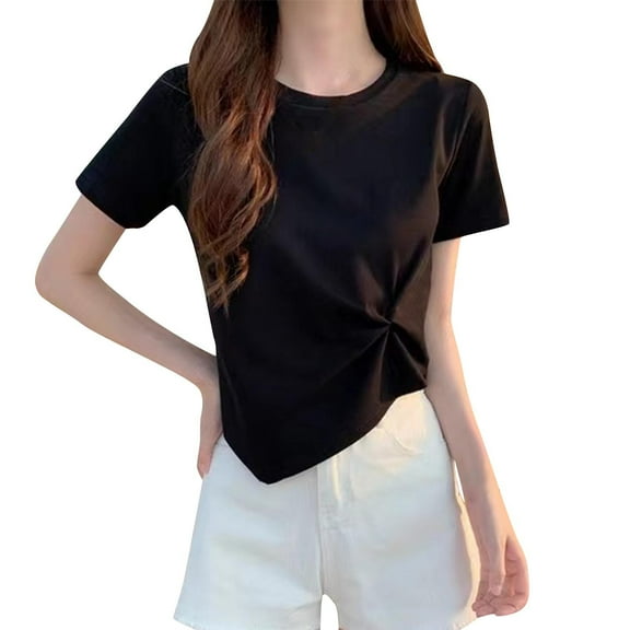 Rezuofi 1 Pcs Women's Summer Causal Short Sleeve Blouse Round Neck Crop Tops Twist Front Tee T-Shirt
