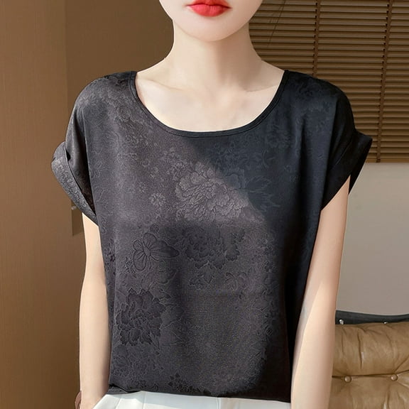 Rezuofi 1 Pcs Women's Summer Dressy Casual Short Sleeve Shirts Crewneck Silk Satin Business Office Work Blouse 2025 Trendy Tops