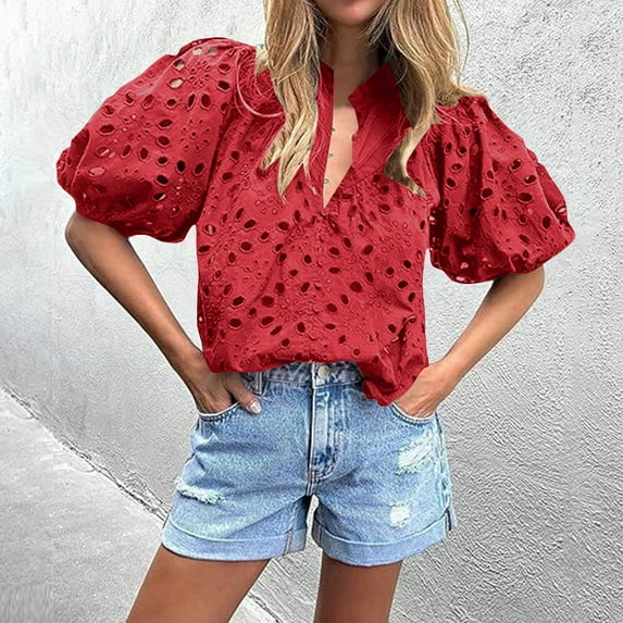 Rezuofi 1 Pcs Women's Summer Short Sleeve Tops 2025 Dressy Casual Buttons V Neck Hollow Out Lace Embroidered Blouses Shirts