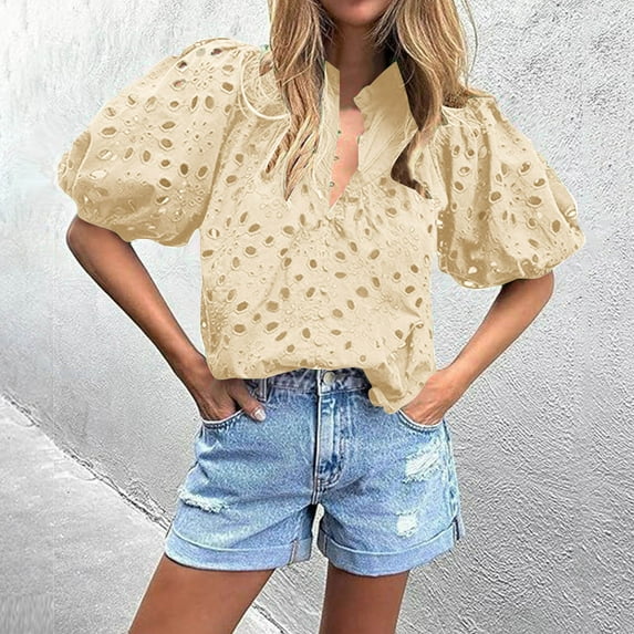 Rezuofi 1 Pcs Women's Summer Short Sleeve Tops 2025 Dressy Casual Buttons V Neck Hollow Out Lace Embroidered Blouses Shirts