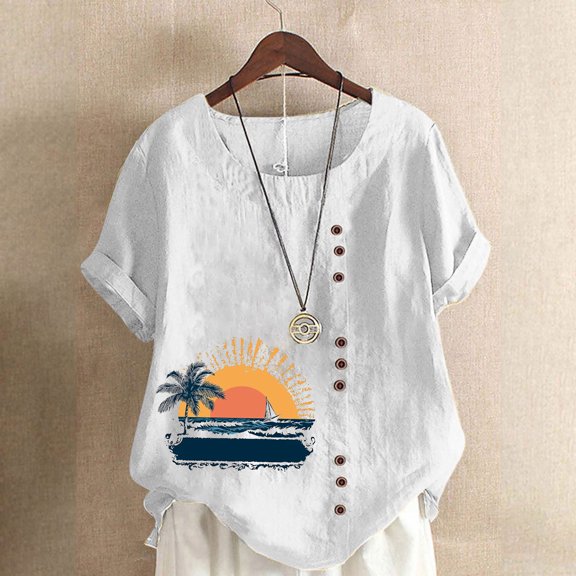 Rezuofi 1 Pcs Women's Summer Tops Casual Cotton Linen T Shirts Short Sleeve Round Neck Shirt Oversized Floral Graphic Tees