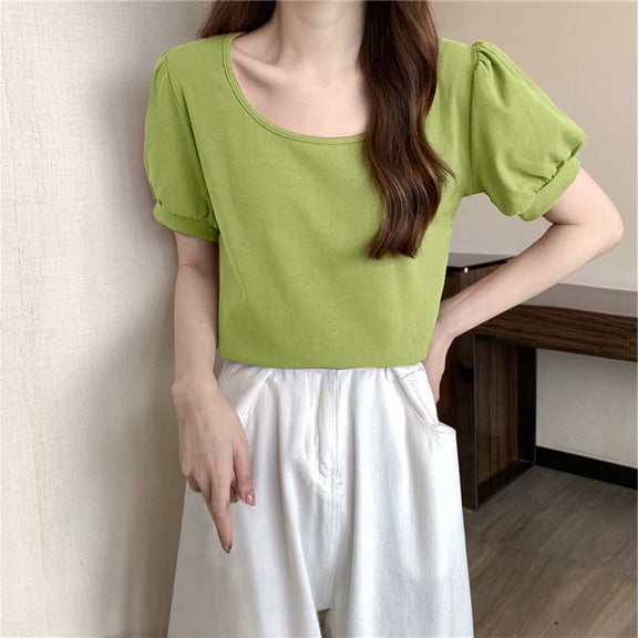Rezuofi 1 Pcs Women's T Shirt Round Neck Puff Short Sleeve Tee Going Out Crop Tops