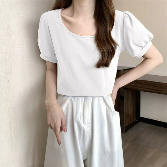 Rezuofi 1 Pcs Women's T Shirt Round Neck Puff Short Sleeve Tee Going Out Crop Tops