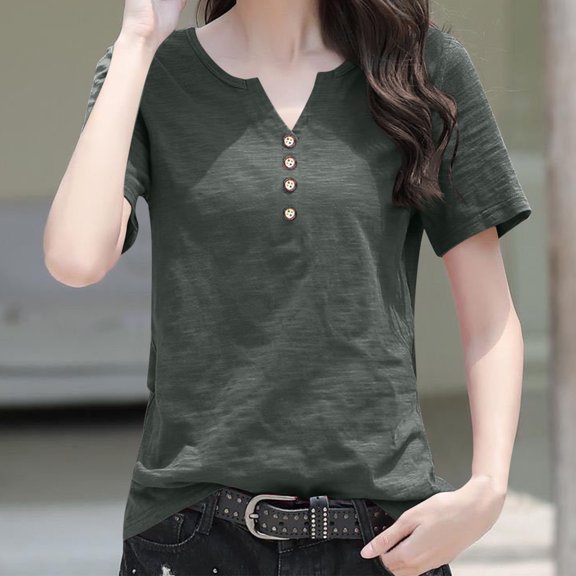 Rezuofi 1 Pcs Women's T Shirts V Neck Short Sleeve Button Tops Summer Loose Fit Tee Blouse
