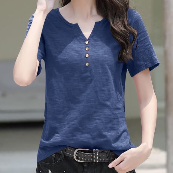 Rezuofi 1 Pcs Women's T Shirts V Neck Short Sleeve Button Tops Summer Loose Fit Tee Blouse