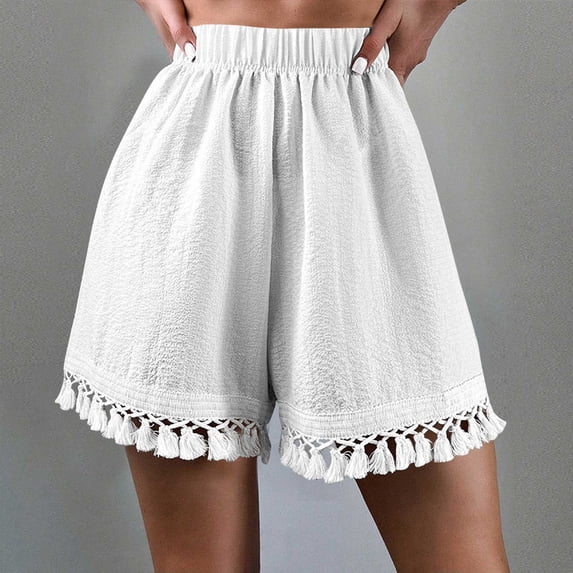 Rezuofi 1 Pcs Women's Tassel Hem Shorts Elastic Waist Wide Leg Loose Summer Boho Shorts
