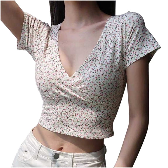 Rezuofi 1 Pcs Women's V Neck Short Sleeve Curved Hem Sheer Chiffon Blouse Shirts Tops