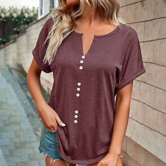 Rezuofi 1 Pcs Women's V Neck Short Sleeve Tops Button Down Casual T Shirts Basic Dressy Tees