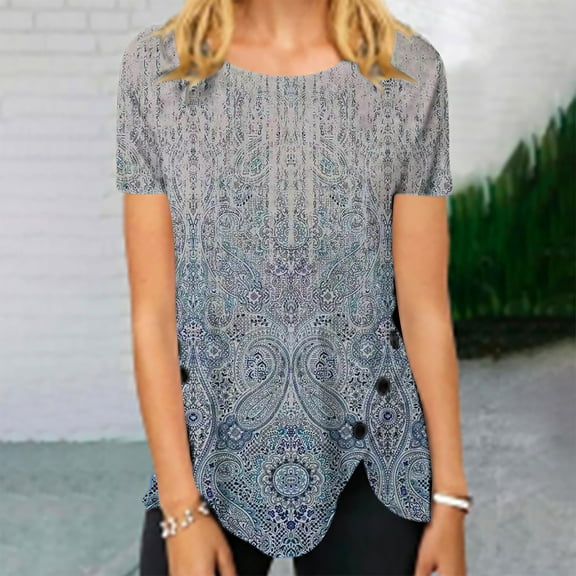 Rezuofi 1 Pcs Womens 2025 Floral Print Summer Tops Dressy Trendy Shirts Short Sleeve Casual Blouses Trendy Ladies Clothes