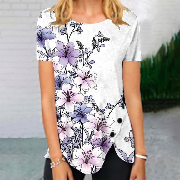 Rezuofi 1 Pcs Womens 2025 Floral Print Summer Tops Dressy Trendy Shirts Short Sleeve Casual Blouses Trendy Ladies Clothes