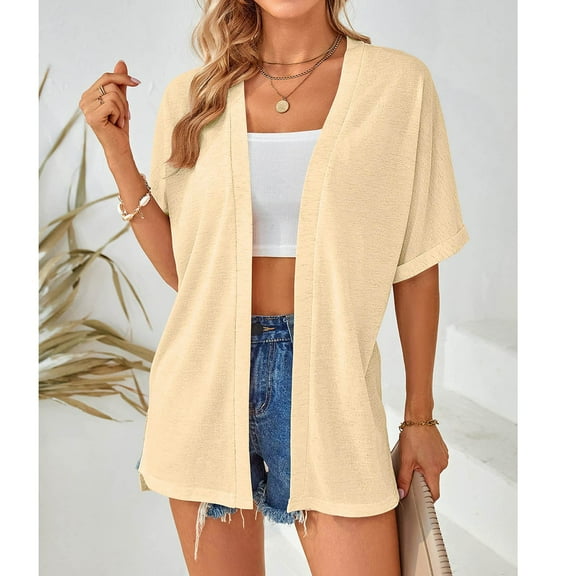 Rezuofi 1 Pcs Womens 2025 Summer Lightweight Cardigan Short Sleeve Open Front Casual Loose Cover Ups