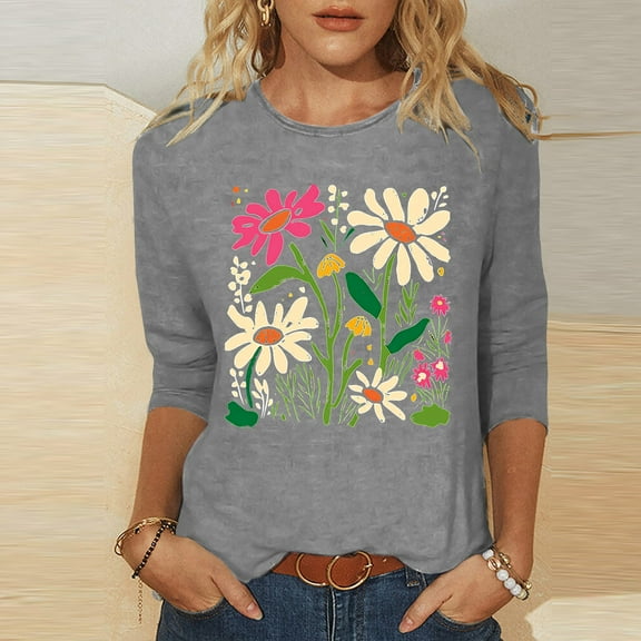 Rezuofi 1 Pcs Womens 3/4 Length Sleeve Tops 2025 Spring Summer Floral Print Crewneck Causal Trendy Tunic Tops for Women
