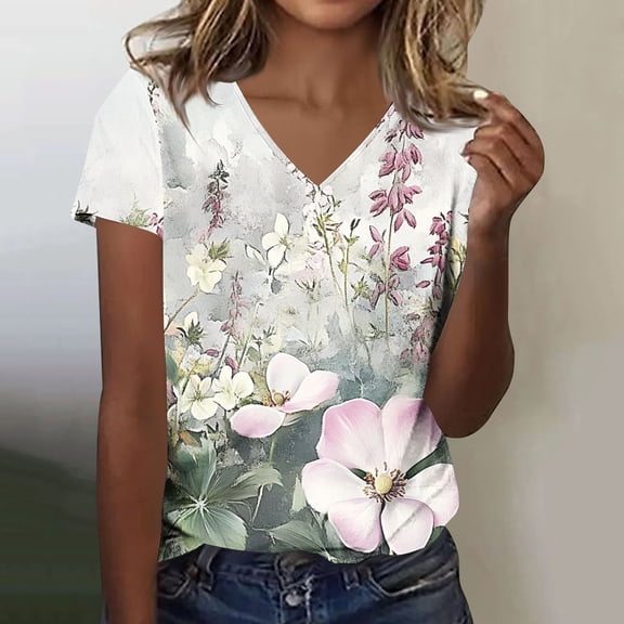 Rezuofi 1 Pcs Womens Boho Floral Short Sleeve V Neck Dressy Casual Blouse Shirt Vintage Ethnic Print Summer Tunic Tops Plus Size