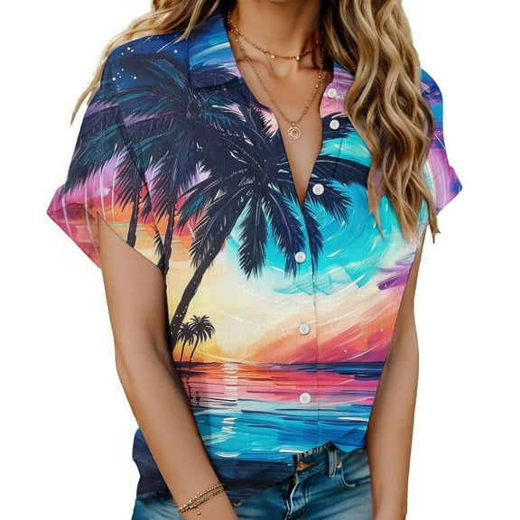 Rezuofi 1 Pcs Womens Button Down Hawaiian Shirts Short Sleeve Floral Print Summer V Neck T-Shirt Casual Summer Beach Blouses Tops