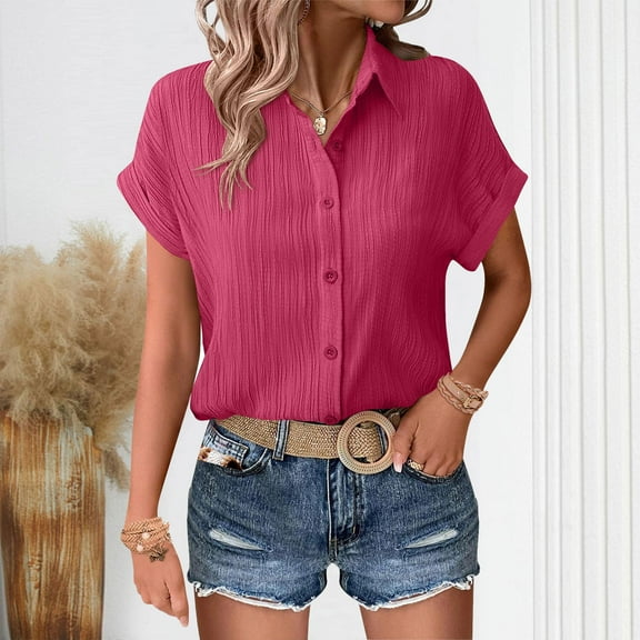 Rezuofi 1 Pcs Womens Button Down Shirts Casual Short Sleeve Dress Shirt Textured Collared Summer Work Blouse