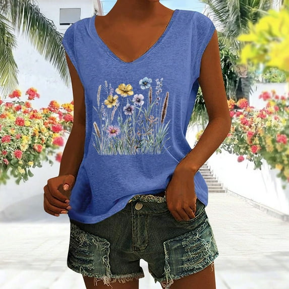 Rezuofi 1 Pcs Womens Cap Sleeve Vintage Flowers V Neck Shirt Boho Floral Wildflowers Graphic Tees Funny Cottagecore Tops
