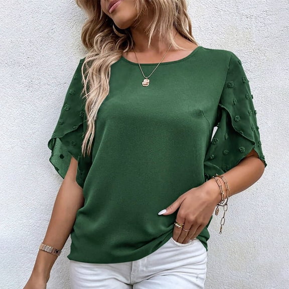 Rezuofi 1 Pcs Womens Chiffon Blouse Summer Casual Round Neck Short Sleeve Pom Pom Shirts Top