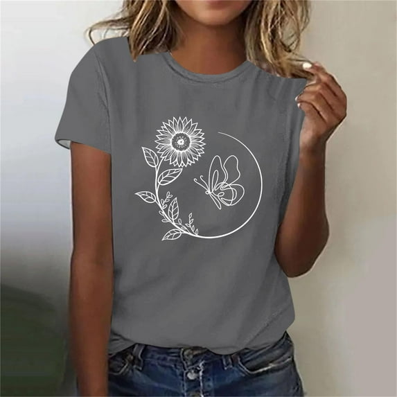 Rezuofi 1 Pcs Womens Cute Sunflower Graphic Printed Tee Shirts Vintage Short Sleeve Cotton Shirts Tops