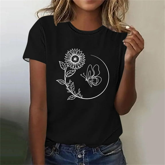 Rezuofi 1 Pcs Womens Cute Sunflower Graphic Printed Tee Shirts Vintage Short Sleeve Cotton Shirts Tops