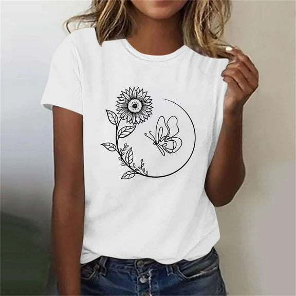 Rezuofi 1 Pcs Womens Cute Sunflower Graphic Printed Tee Shirts Vintage Short Sleeve Cotton Shirts Tops