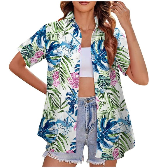 Rezuofi 1 Pcs Womens Hawaiian Shirts Open Front Soft Cool Floral Tropical Shirt Summer V Neck Short Sleeve Button Up Blouses Tops