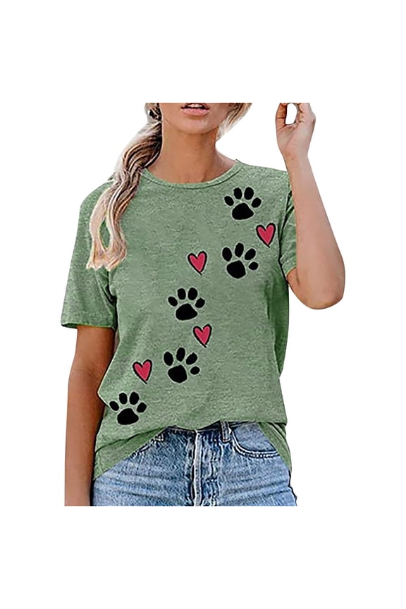 1 Pcs Womens Love Paw Short Sleeve T-Shirt Dog Mom Funny Tees Letters Print Crewneck Casual Summer Tops
