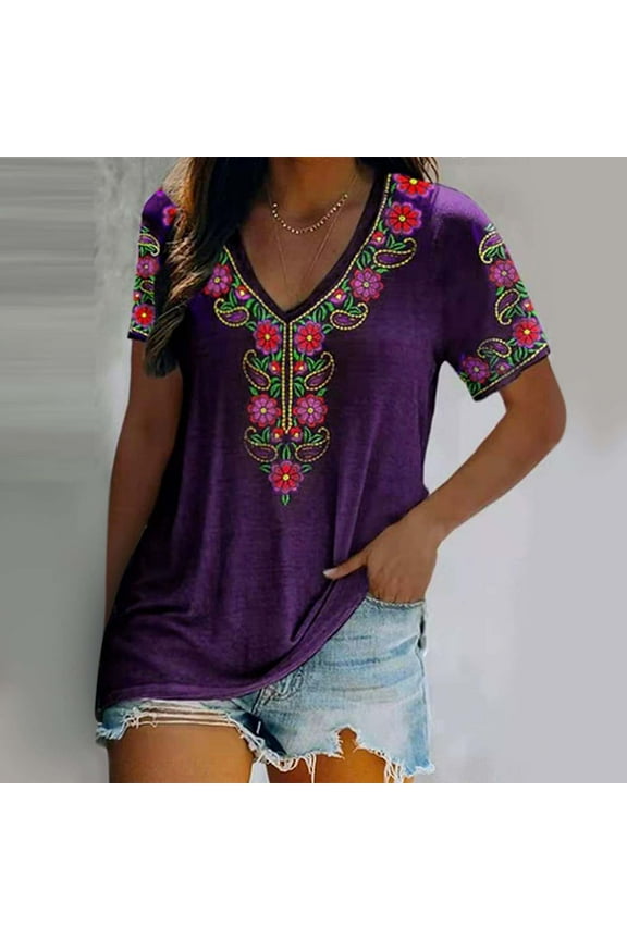 1 Pcs Womens Mexican Embroidered Tops Short Sleeve Fiesta Shirts Floral Peasant Blouses