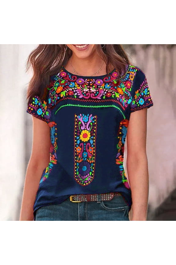 1 Pcs Womens Mexican Embroidered Tops Short Sleeve Fiesta Shirts Floral Peasant Blouses
