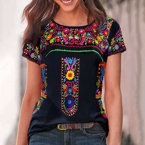 Rezuofi 1 Pcs Womens Mexican Embroidered Tops Short Sleeve Fiesta Shirts Floral Peasant Blouses