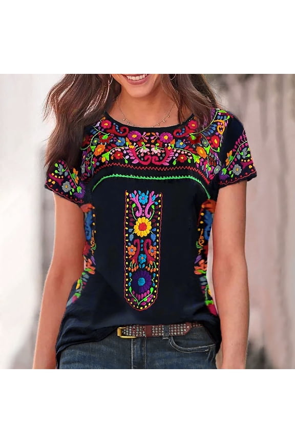 1 Pcs Womens Mexican Embroidered Tops Short Sleeve Fiesta Shirts Floral Peasant Blouses