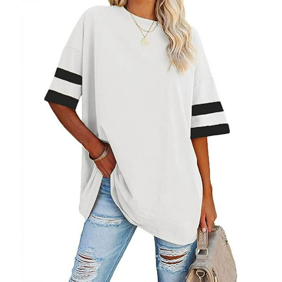 Rezuofi 1 Pcs Womens Oversized Tees Loose T Shirts Half Sleeve Crew Neck Color Block Cotton Tunic Tops
