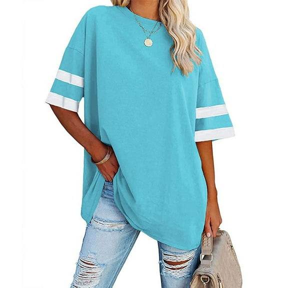 Rezuofi 1 Pcs Womens Oversized Tees Loose T Shirts Half Sleeve Crew Neck Color Block Cotton Tunic Tops