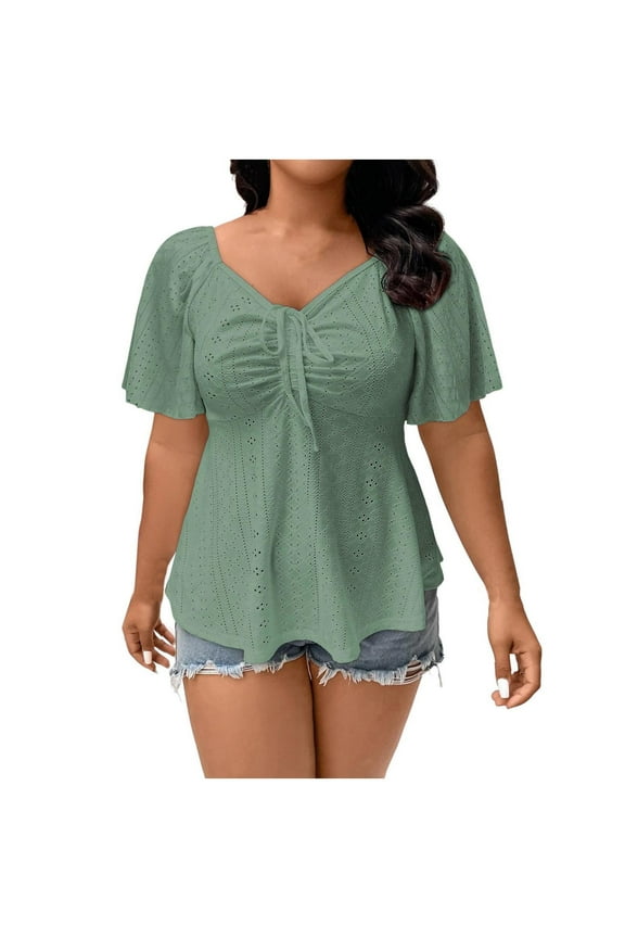 1 Pcs Womens Plus Size Tops Sweetheart Neck Short Sleeve Eyelet Embroidery Summer Loose Peplum Shirts