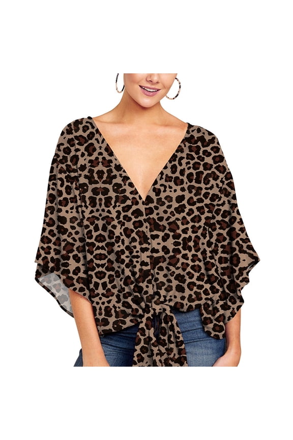1 Pcs Womens Plus Size V Neck Knot Tie Front Summer Chiffon Blouses Tops Loose 3/4 Batwing Sleeve Shirts