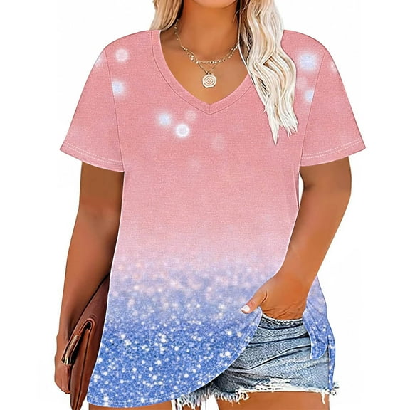 Rezuofi 1 Pcs Womens Plus Size V Neck T Shirts Summer Short Sleeve Tops T-Shirts Tunic Casual Loose Fit Soft Basic Tees