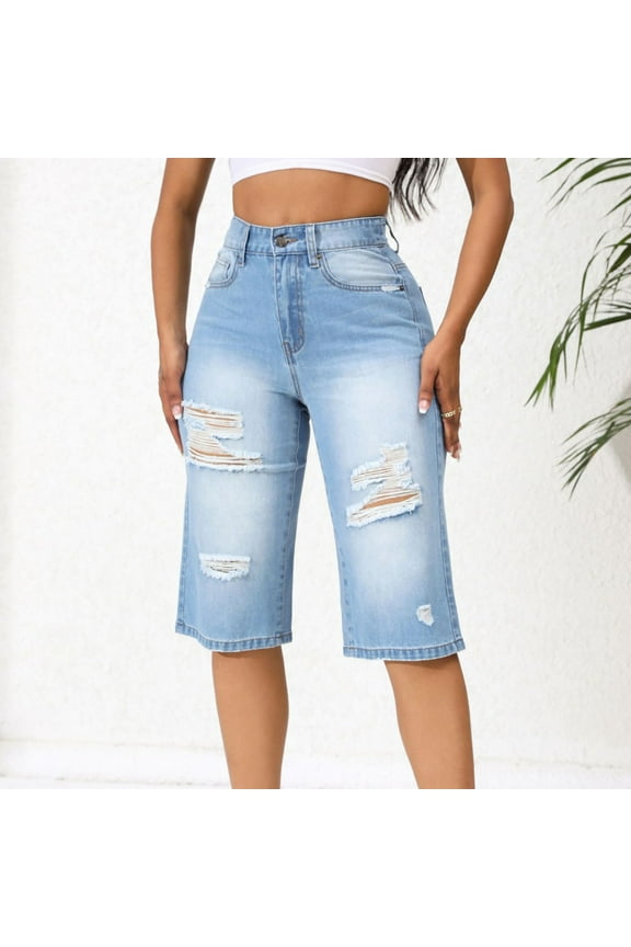 1 Pcs Womens Ripped Stretchy Long Jean Shorts Mid Rise Frayed Cut Off Bermuda Shorts