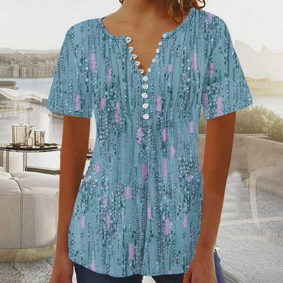 Rezuofi 1 Pcs Womens Shirts Dressy Casual Short Sleeve 2025 Summer Tops Spring V Neck Button Down Pleated Ladies Tunic Blouses