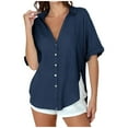 thumbnail image 1 of Rezuofi 2 Pcs Womens Short Sleeve Button Down Shirts Cotton Linen V Neck Side Slit Blouse Summer Casual Loose Fit Beach Tops, 1 of 6
