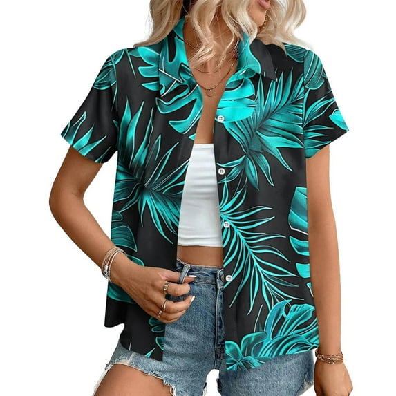 Rezuofi 1 Pcs Womens Short Sleeve Button Down Shirts Hawaiian Tropical Floral Printed Casual Camp Shirts Blouse Summer Tops