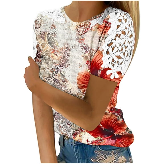 Rezuofi 1 Pcs Womens Short Sleeve Tops 2025 Floral Boho Shirts Pleated Crewneck Summer Outfit Puff Sleeve Blouses Casual Tunic