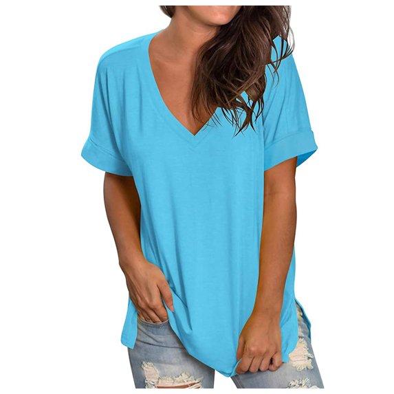 Rezuofi 1 Pcs Womens Summer 2025 V Neck Casual Tunic Tops Spring Fashion Basic Trendy Outfits