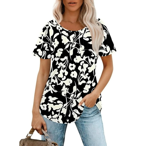 Rezuofi 1 Pcs Womens Summer T Shirts Short Sleeve Pleated Dressy Casual Scooped Neck Summer Tops Blouses